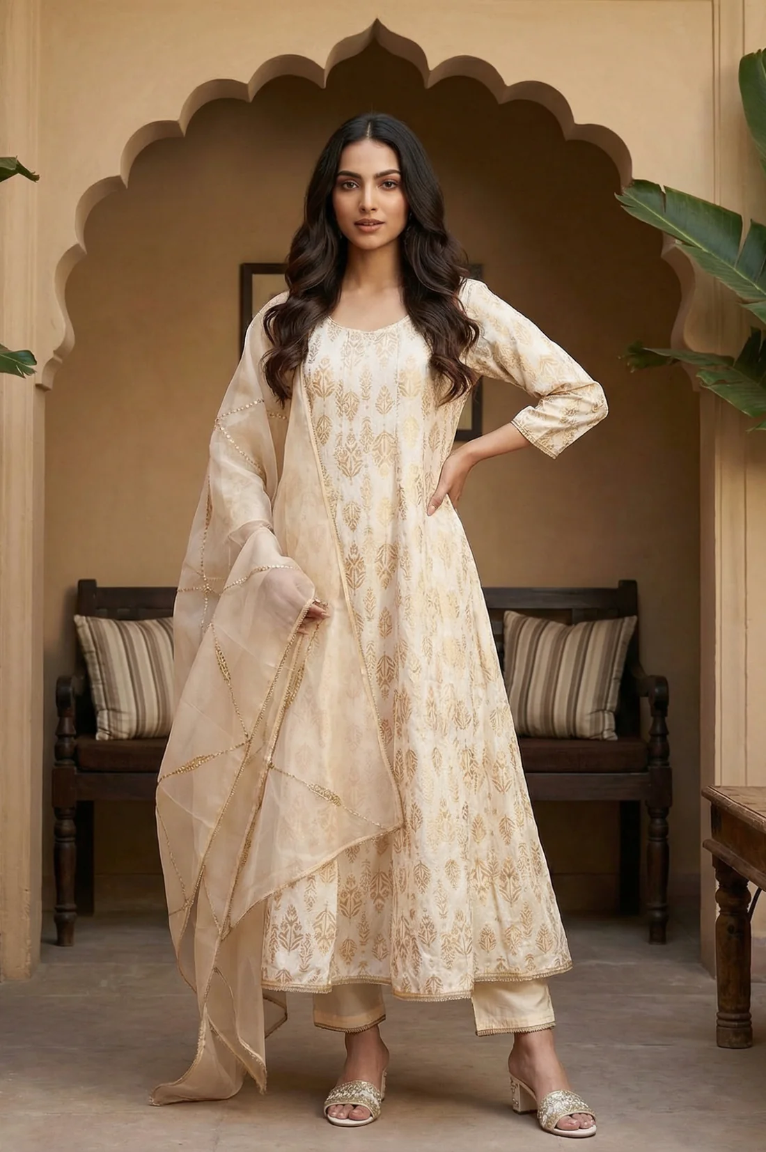 Off White Zari Work Jacquard Anarkali Kurta